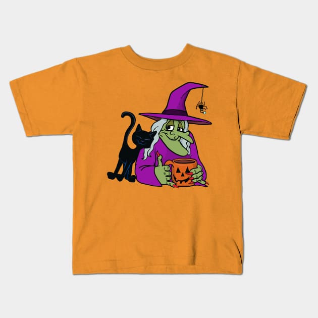 old witch with coffee and friends Kids T-Shirt by wolfmanjaq